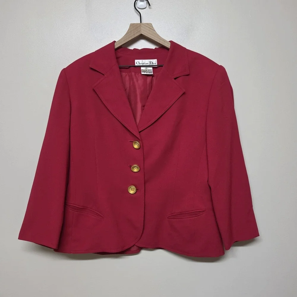 Vintage‎ Christian Dior Red Blazer Jacket Womens Size 16 Gold Button Career